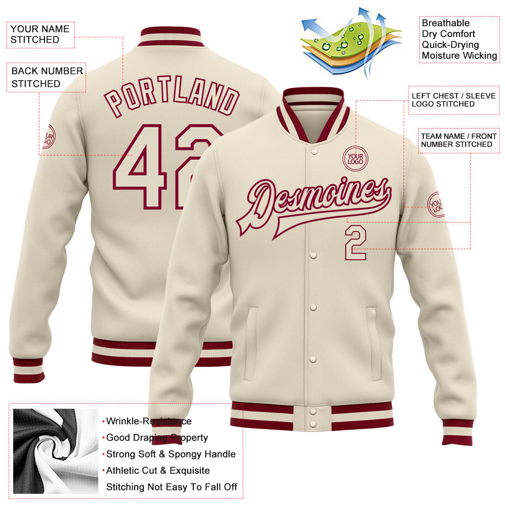 Custom Cream Cream-Maroon Bomber Full-Snap Varsity Letterman Jacket view 5