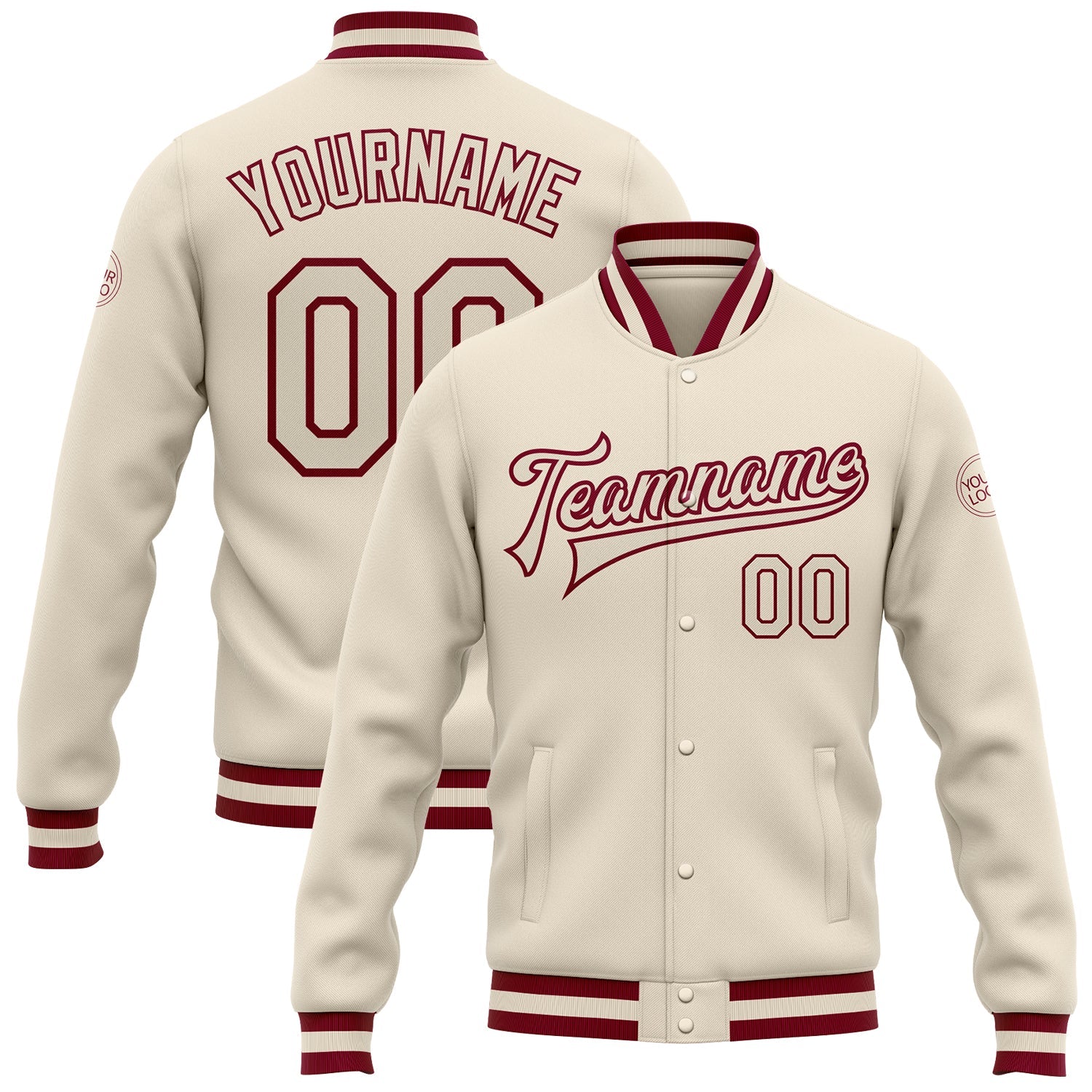Custom Cream Cream-Maroon Bomber Full-Snap Varsity Letterman Jacket - Main View