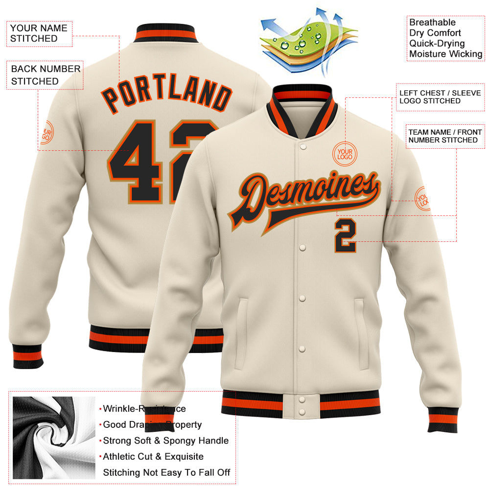 Custom Cream Black Orange-Old Gold Bomber Full-Snap Varsity Letterman Jacket view 5