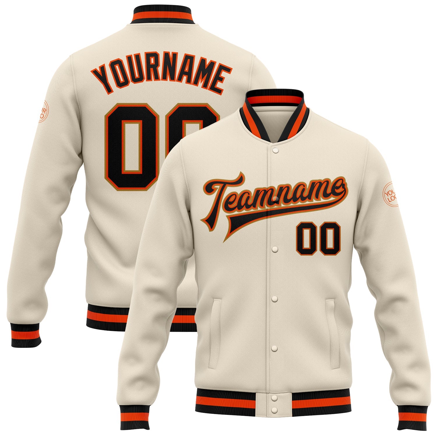 Custom Cream Black Orange-Old Gold Bomber Full-Snap Varsity Letterman Jacket - Main View
