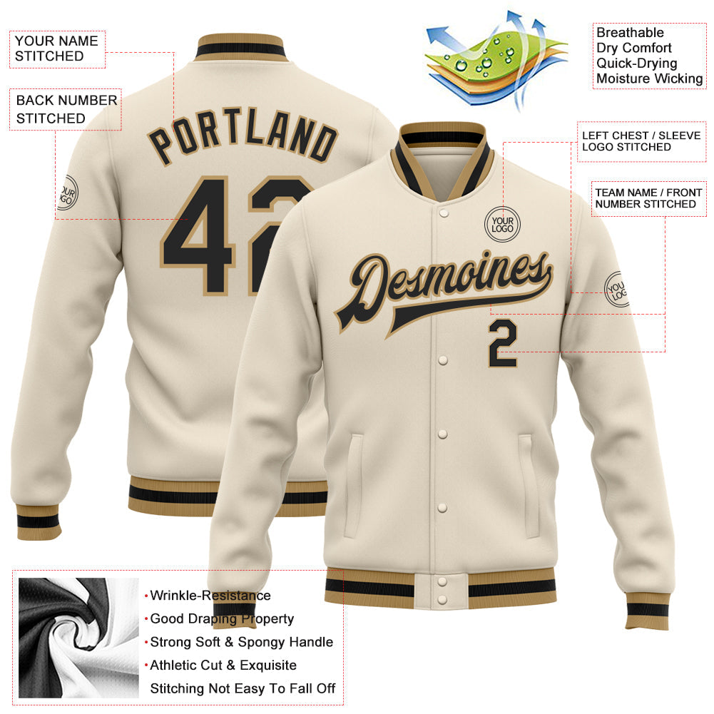 Custom Cream Black Old Gold Bomber Full-Snap Varsity Letterman Jacket view 5