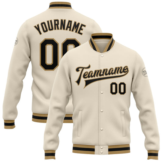 Custom Cream Black Old Gold Bomber Full-Snap Varsity Letterman Jacket - Main View