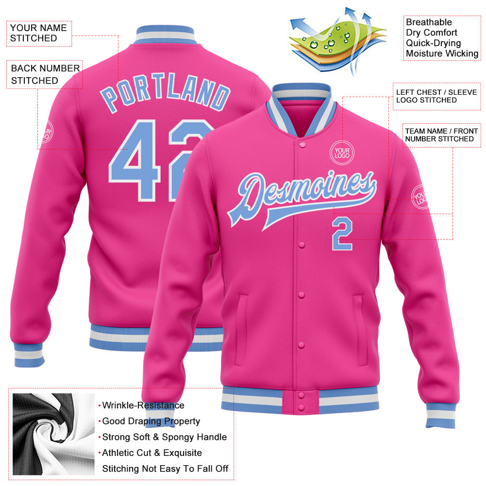 Custom Pink Light Blue-White Bomber Full-Snap Varsity Letterman Jacket view 5
