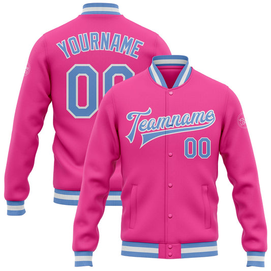 Custom Pink Light Blue-White Bomber Full-Snap Varsity Letterman Jacket - Main View