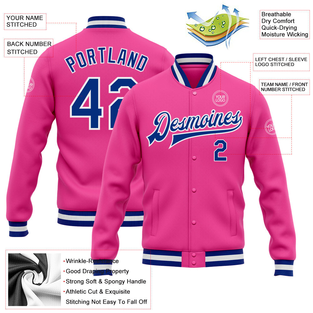 Custom Pink Royal-White Bomber Full-Snap Varsity Letterman Jacket view 5