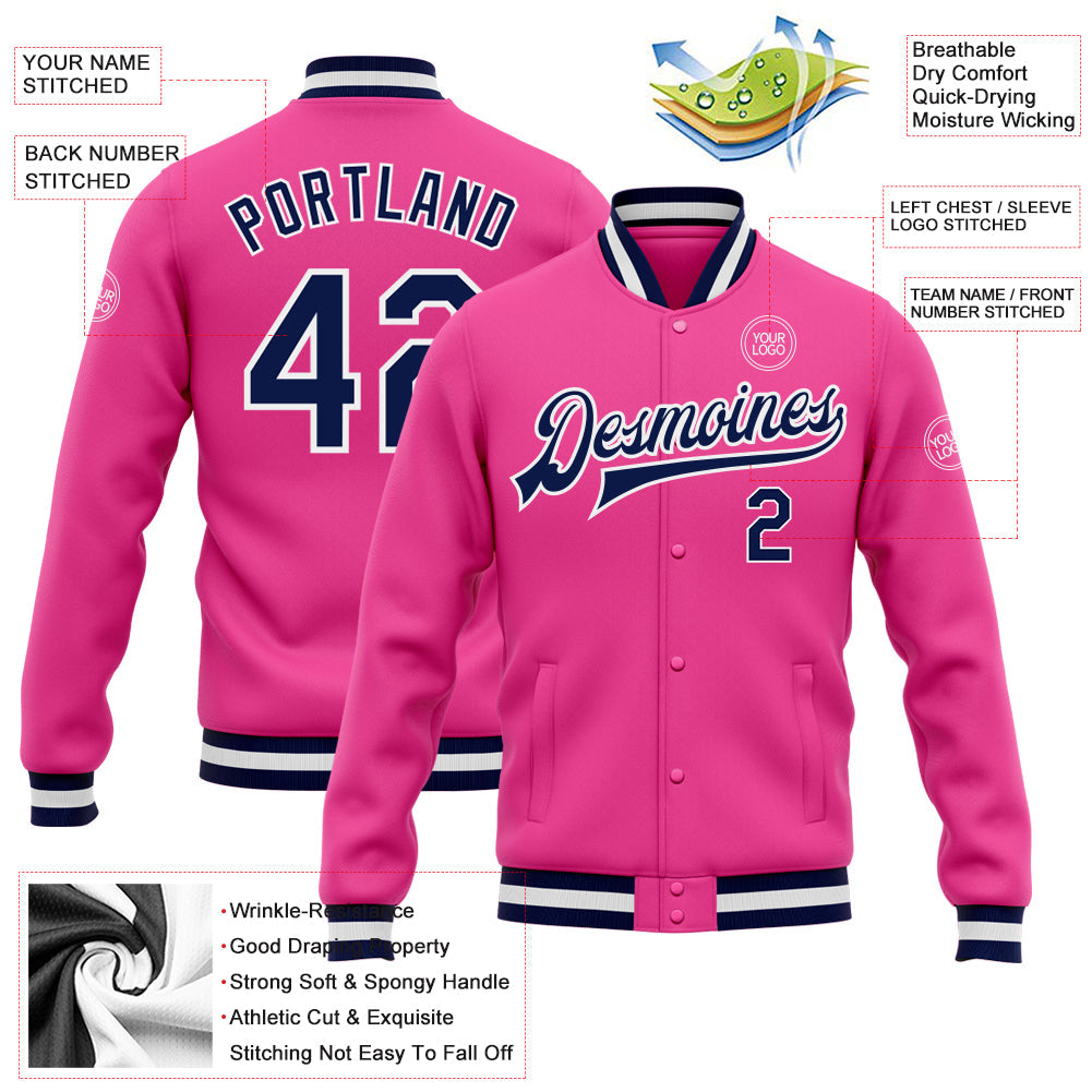 Custom Pink Navy-White Bomber Full-Snap Varsity Letterman Jacket view 5