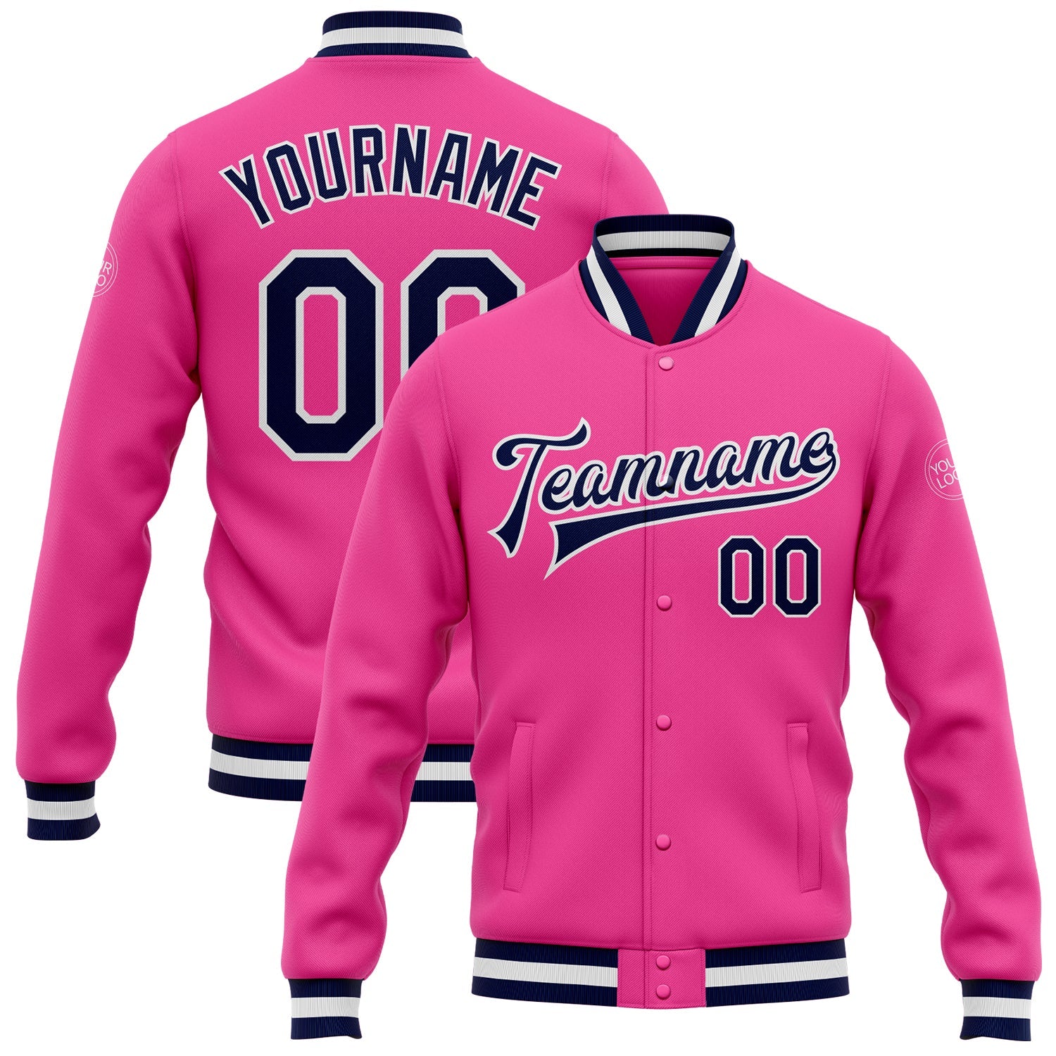 Custom Pink Navy-White Bomber Full-Snap Varsity Letterman Jacket - Main View