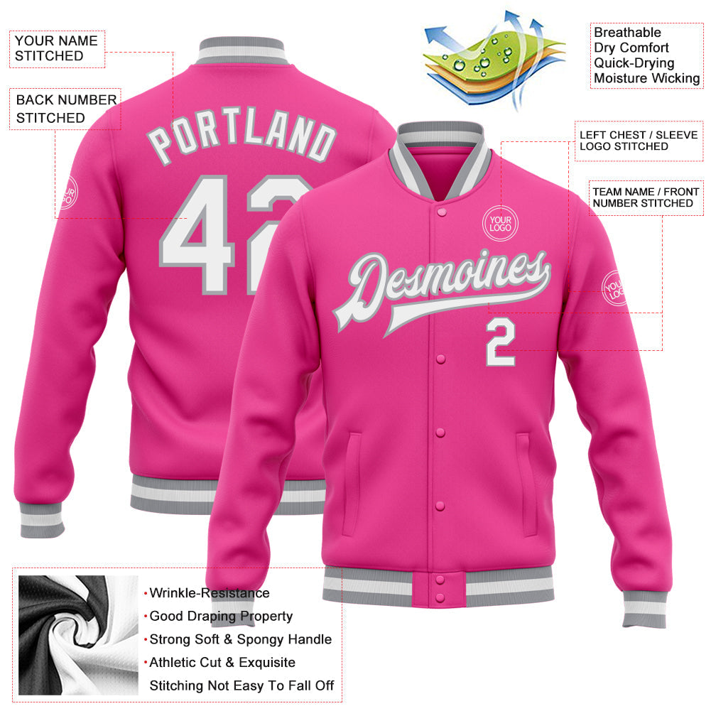 Custom Pink White-Gray Bomber Full-Snap Varsity Letterman Jacket view 5