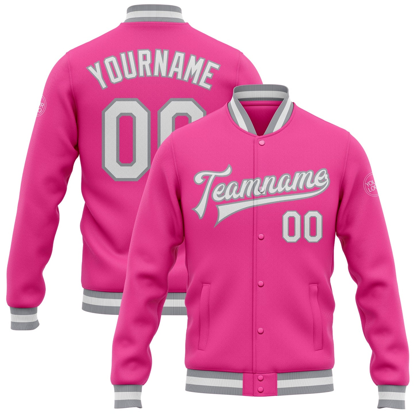 Custom Pink White-Gray Bomber Full-Snap Varsity Letterman Jacket - Main View