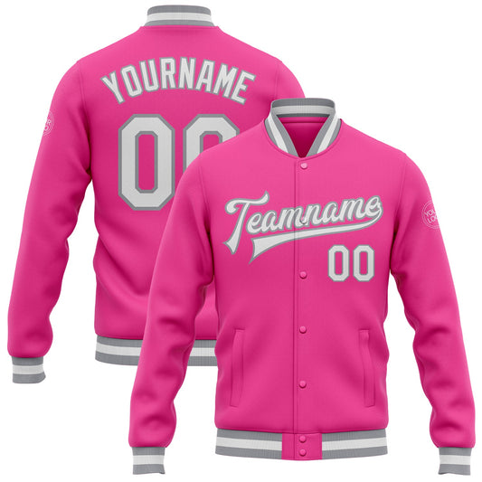 Custom Pink White-Gray Bomber Full-Snap Varsity Letterman Jacket - Main View