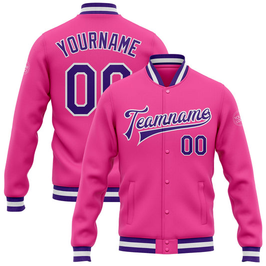 Custom Pink Purple-White Bomber Full-Snap Varsity Letterman Jacket - Main View