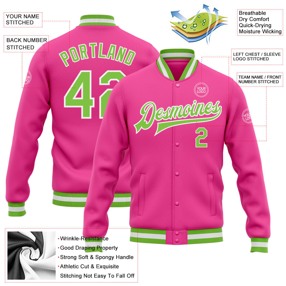 Custom Pink Neon Green-White Bomber Full-Snap Varsity Letterman Jacket view 5