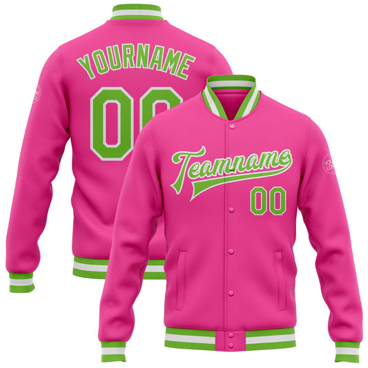 Custom Pink Neon Green-White Bomber Full-Snap Varsity Letterman Jacket - Main View