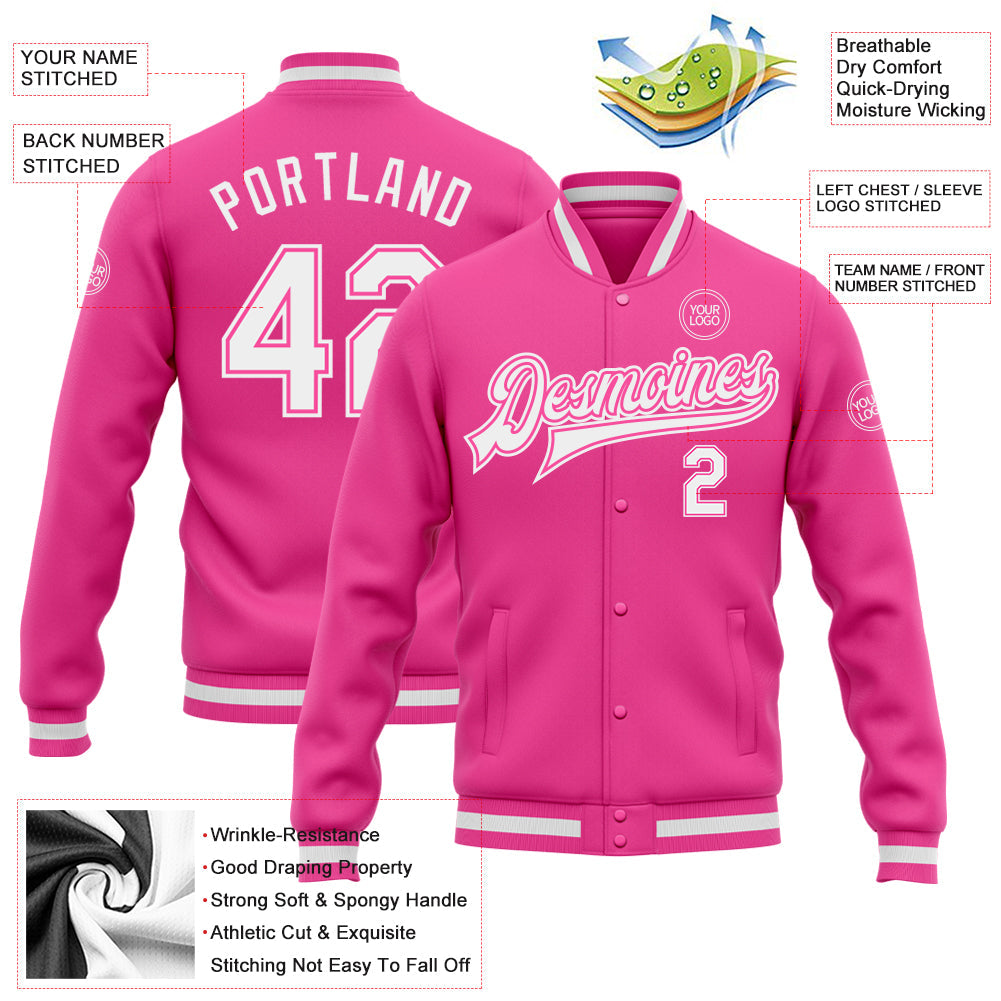 Custom Pink White Bomber Full-Snap Varsity Letterman Jacket view 5