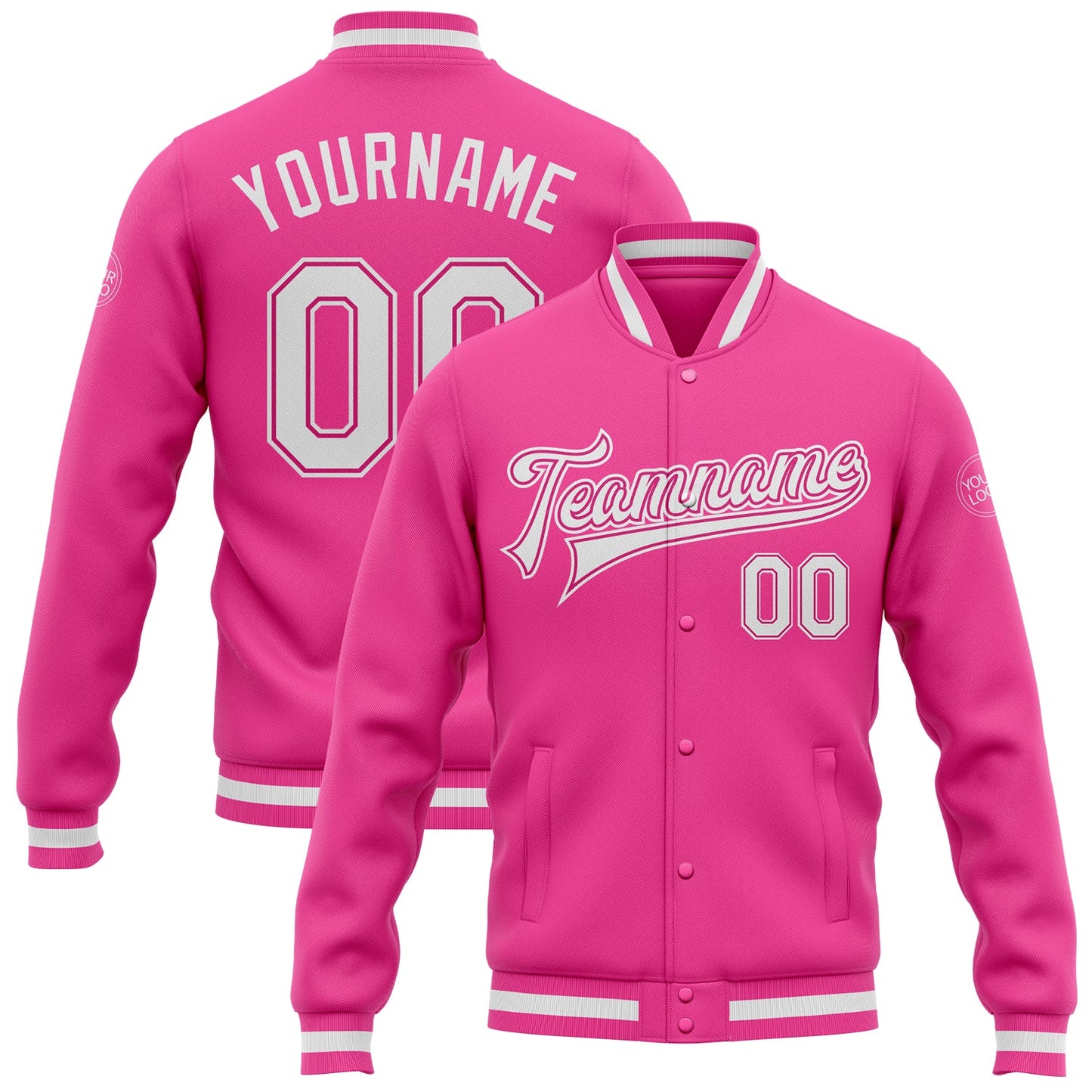 Custom Pink White Bomber Full-Snap Varsity Letterman Jacket - Main View