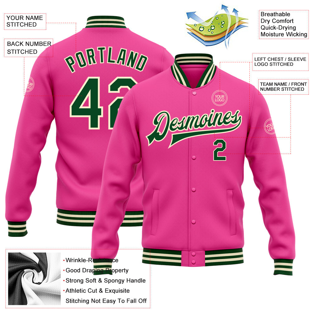 Custom Pink Green-Cream Bomber Full-Snap Varsity Letterman Jacket view 5