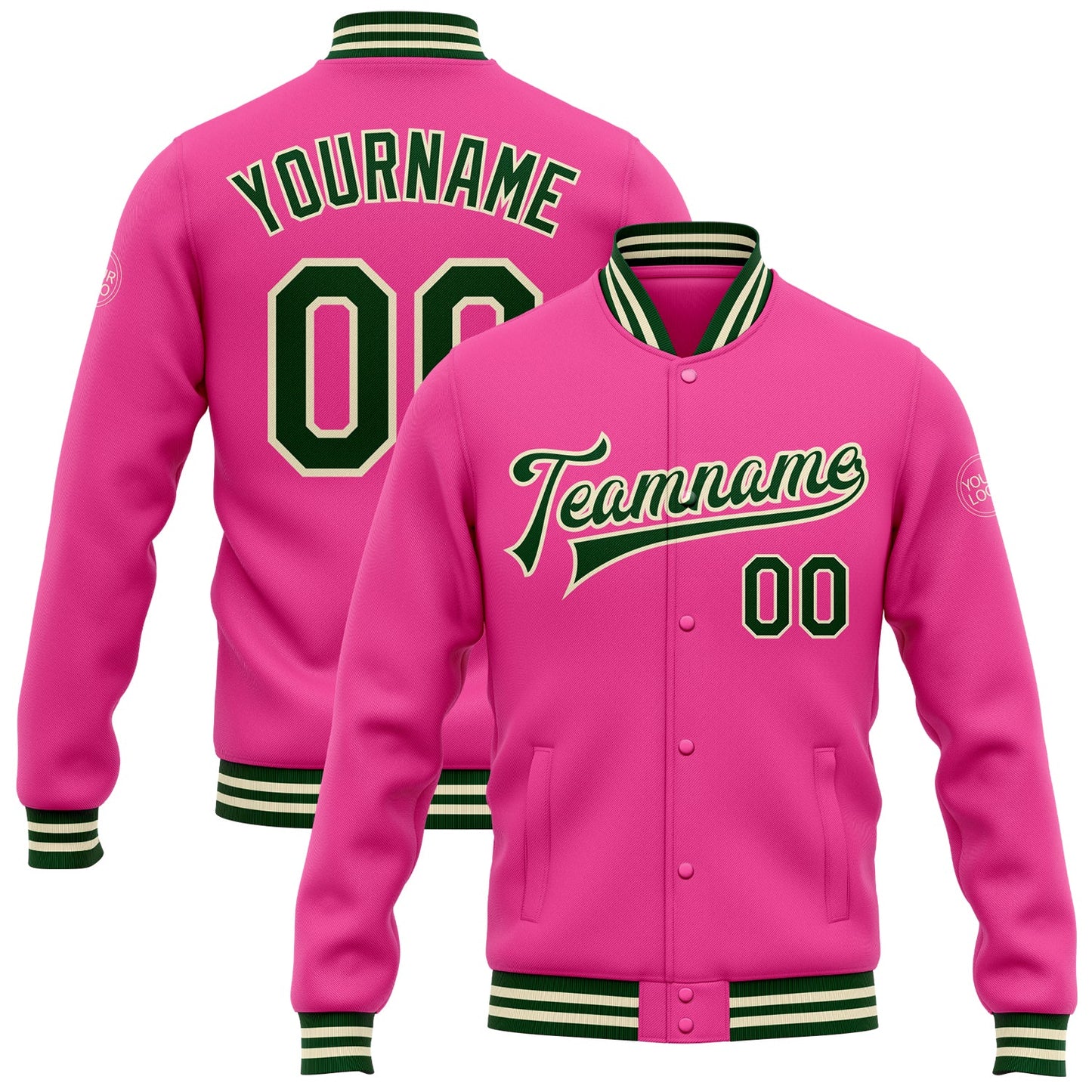 Custom Pink Green-Cream Bomber Full-Snap Varsity Letterman Jacket - Main View