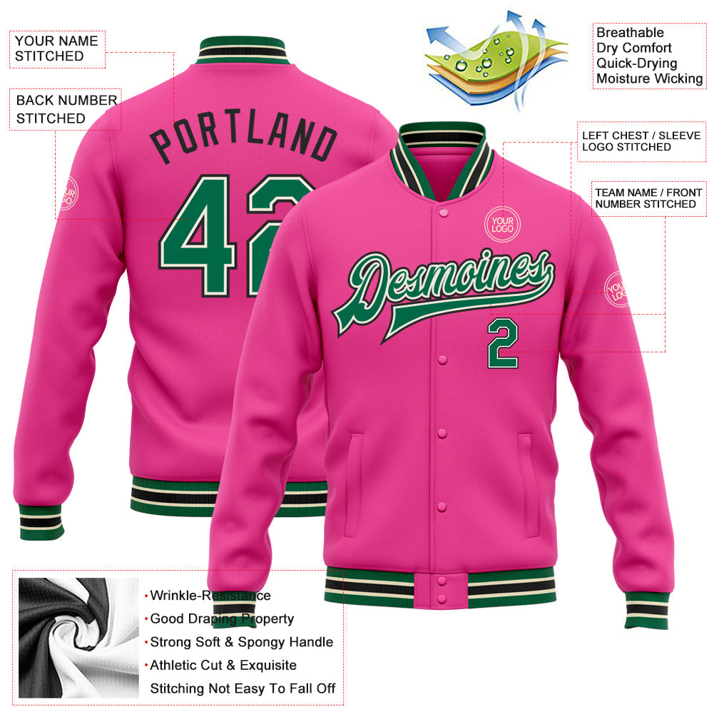 Custom Pink Kelly Green Cream-Black Bomber Full-Snap Varsity Letterman Jacket view 5