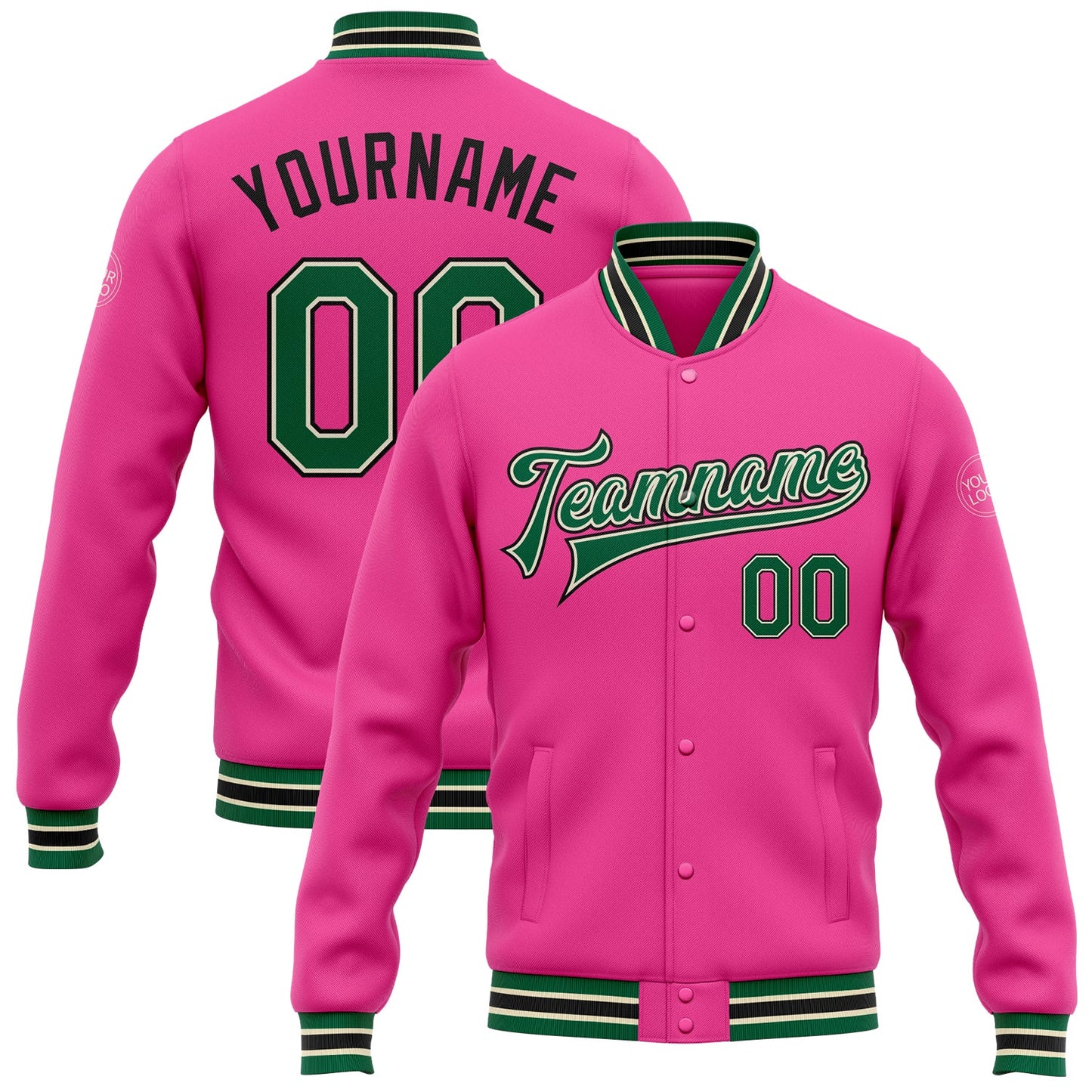 Custom Pink Kelly Green Cream-Black Bomber Full-Snap Varsity Letterman Jacket - Main View