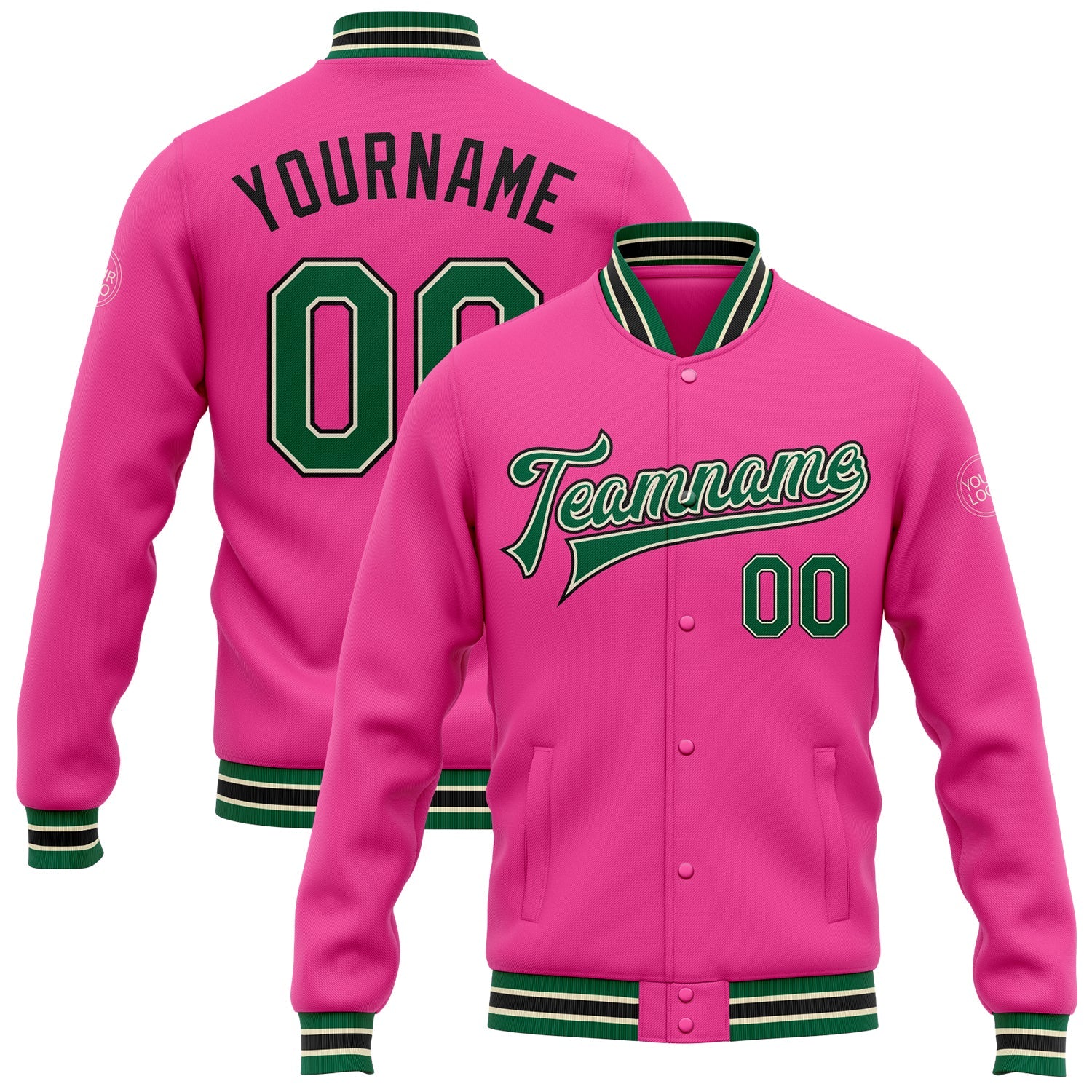Custom Pink Kelly Green Cream-Black Bomber Full-Snap Varsity Letterman Jacket - Main View