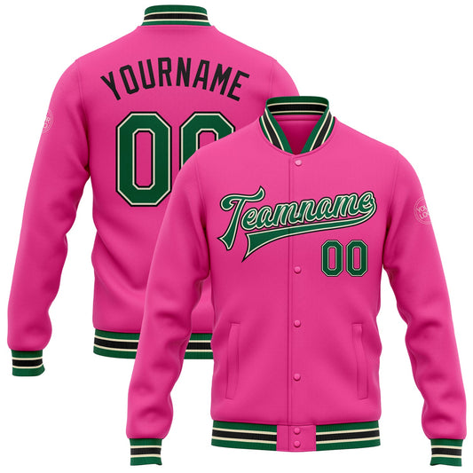 Custom Pink Kelly Green Cream-Black Bomber Full-Snap Varsity Letterman Jacket - Main View