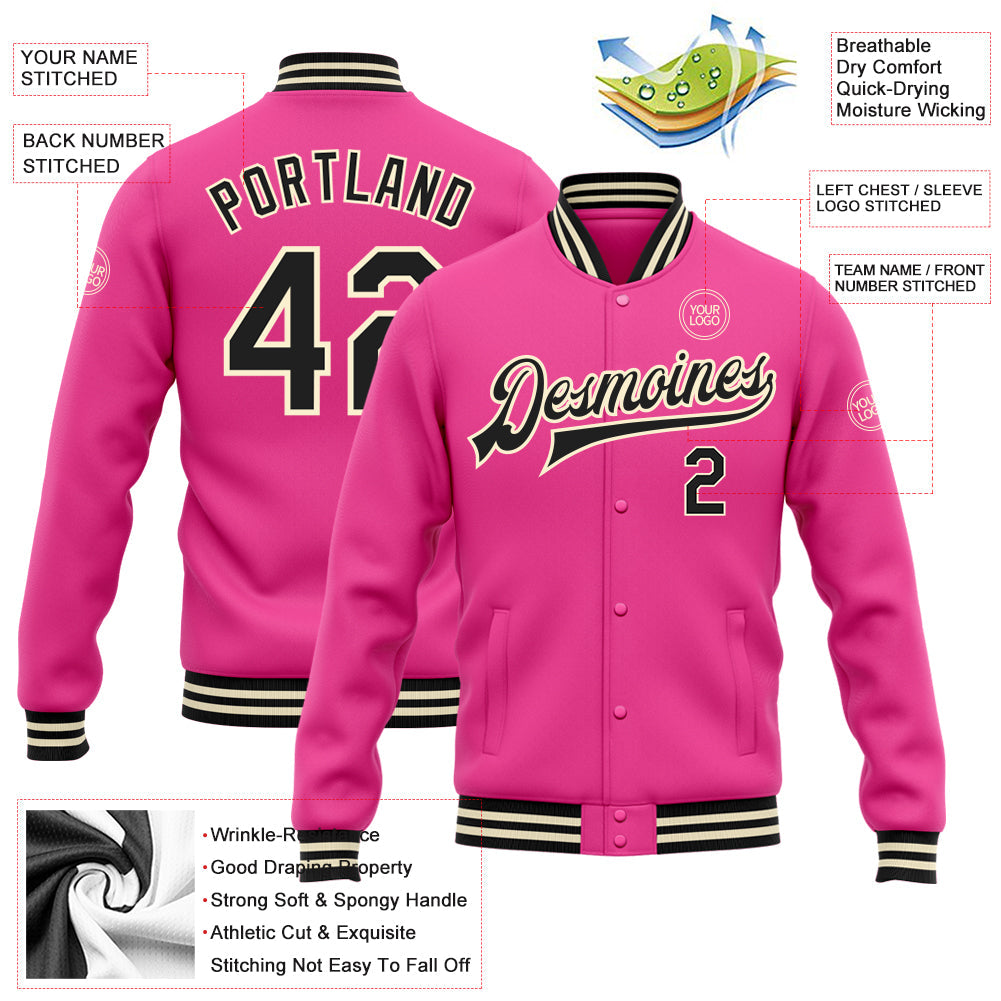 Custom Pink Black-Cream Bomber Full-Snap Varsity Letterman Jacket view 5