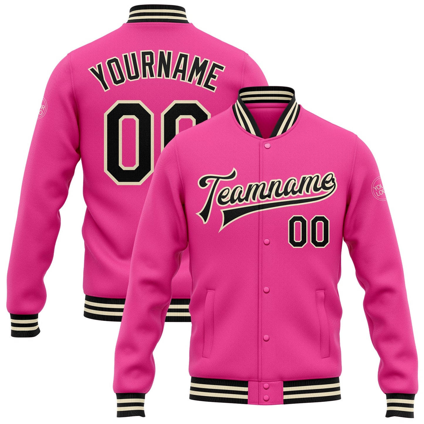 Custom Pink Black-Cream Bomber Full-Snap Varsity Letterman Jacket - Main View