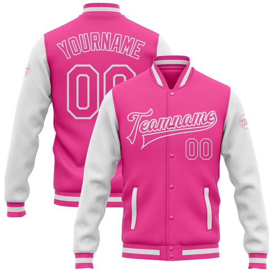 Custom Pink Pink-White Bomber Full-Snap Varsity Letterman Two Tone Jacket - Main View