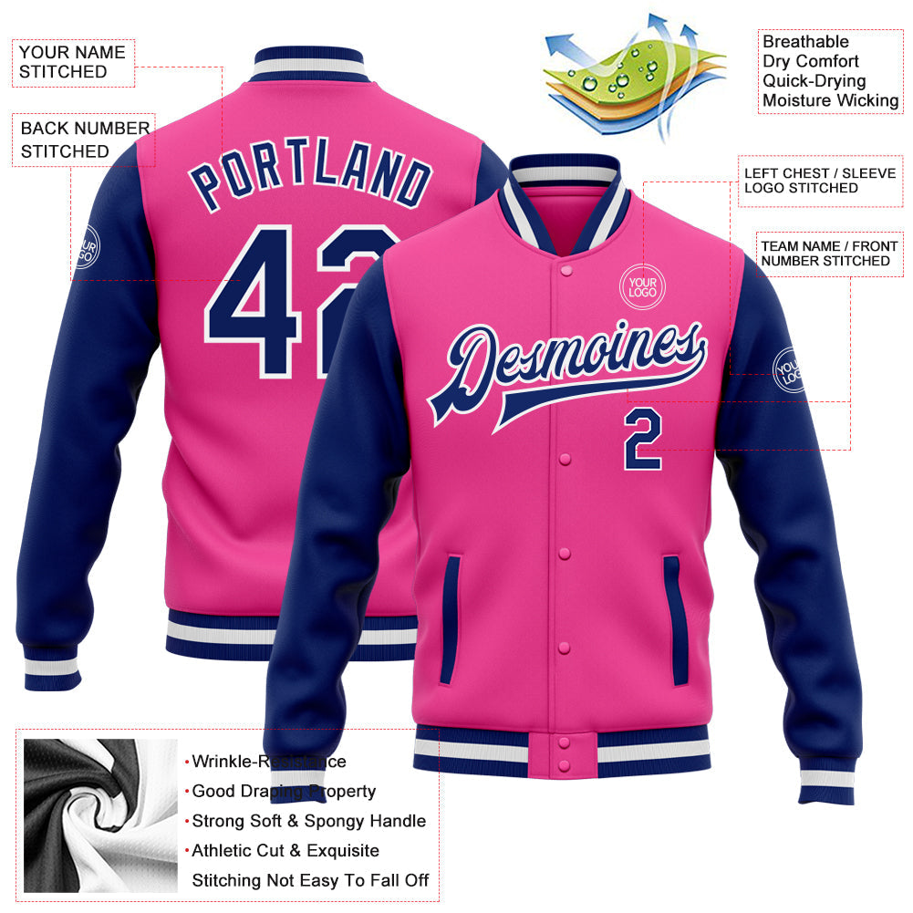 Custom Pink Royal-White Bomber Full-Snap Varsity Letterman Two Tone Jacket view 5