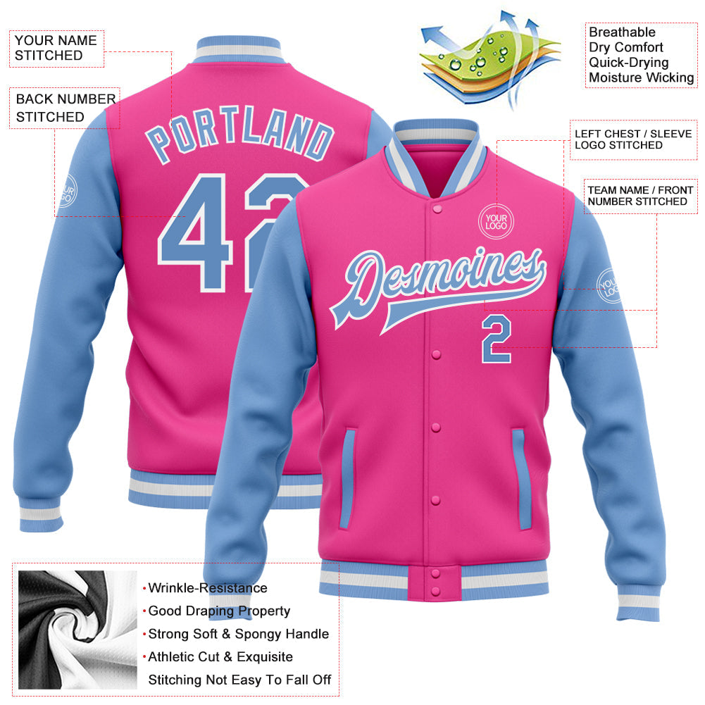 Custom Pink Light Blue-White Bomber Full-Snap Varsity Letterman Two Tone Jacket view 5