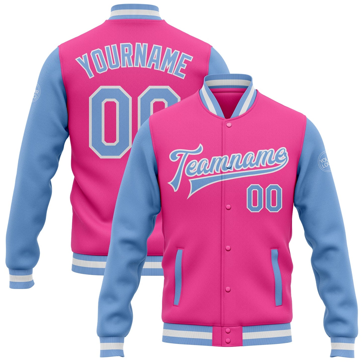 Custom Pink Light Blue-White Bomber Full-Snap Varsity Letterman Two Tone Jacket - Main View