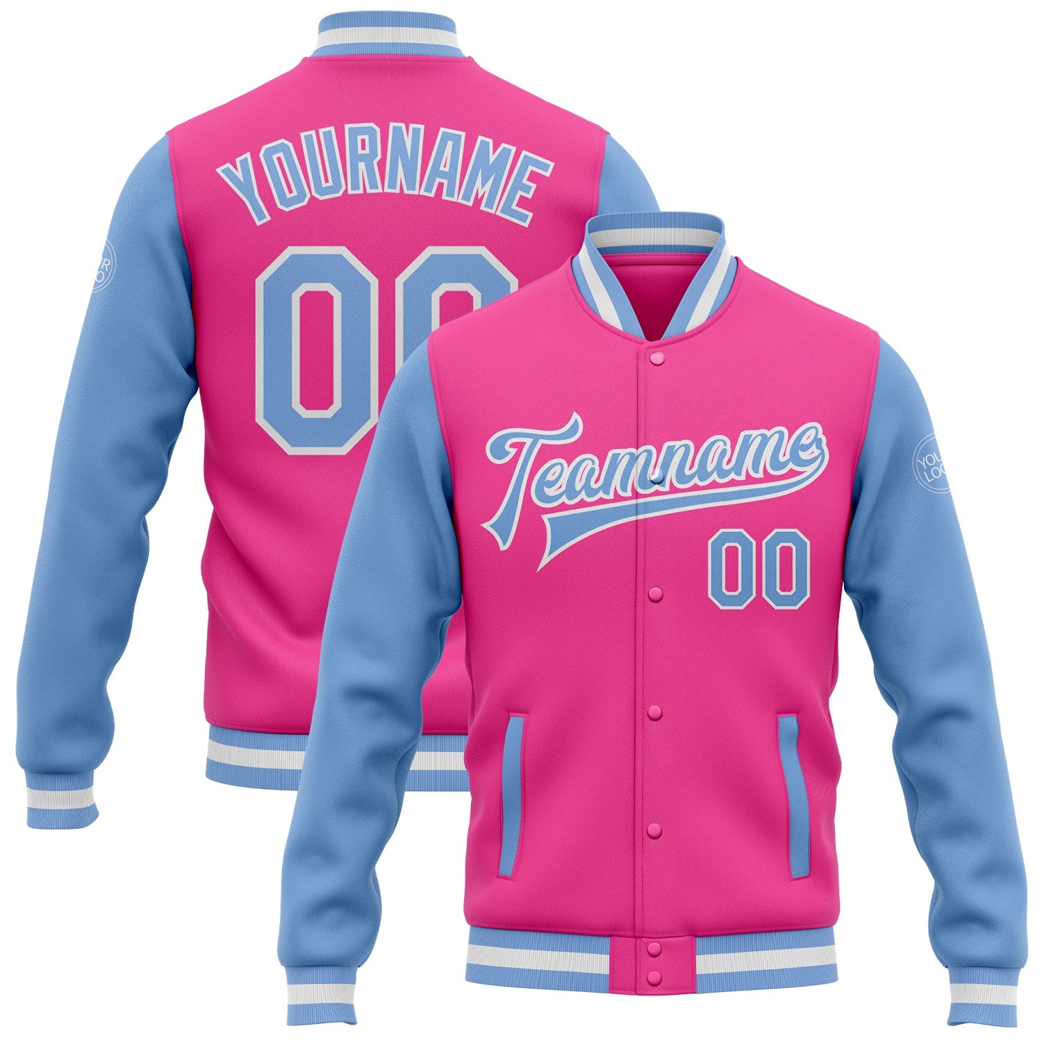 Custom Pink Light Blue-White Bomber Full-Snap Varsity Letterman Two Tone Jacket - Main View