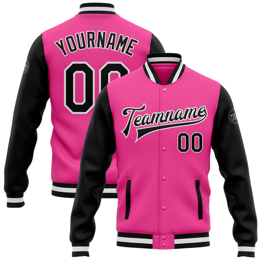 Custom Pink Black-White Bomber Full-Snap Varsity Letterman Two Tone Jacket - Main View