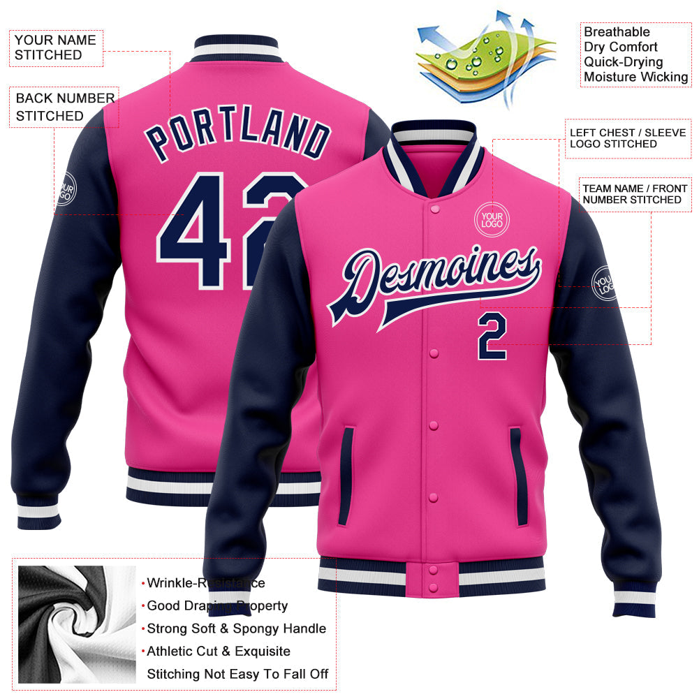 Custom Pink Navy-White Bomber Full-Snap Varsity Letterman Two Tone Jacket view 5