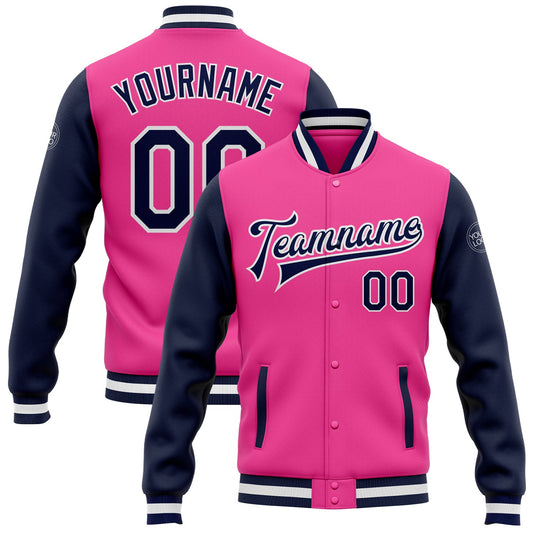 Custom Pink Navy-White Bomber Full-Snap Varsity Letterman Two Tone Jacket - Main View