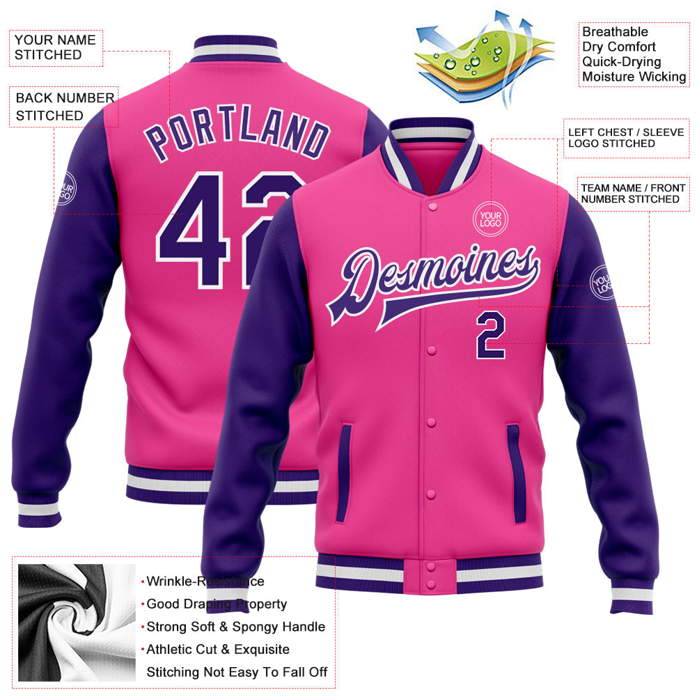 Custom Pink Purple-White Bomber Full-Snap Varsity Letterman Two Tone Jacket view 5