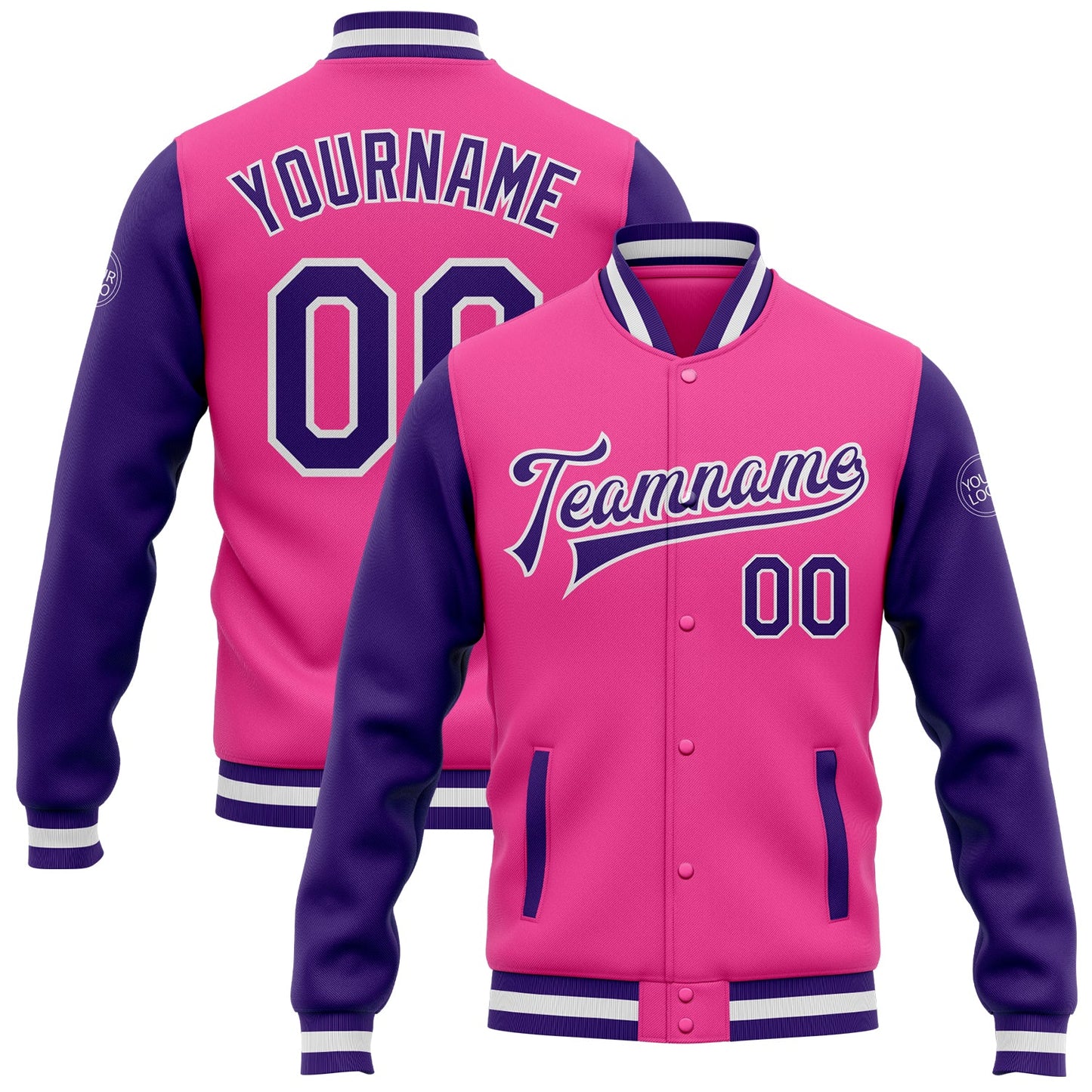 Custom Pink Purple-White Bomber Full-Snap Varsity Letterman Two Tone Jacket - Main View