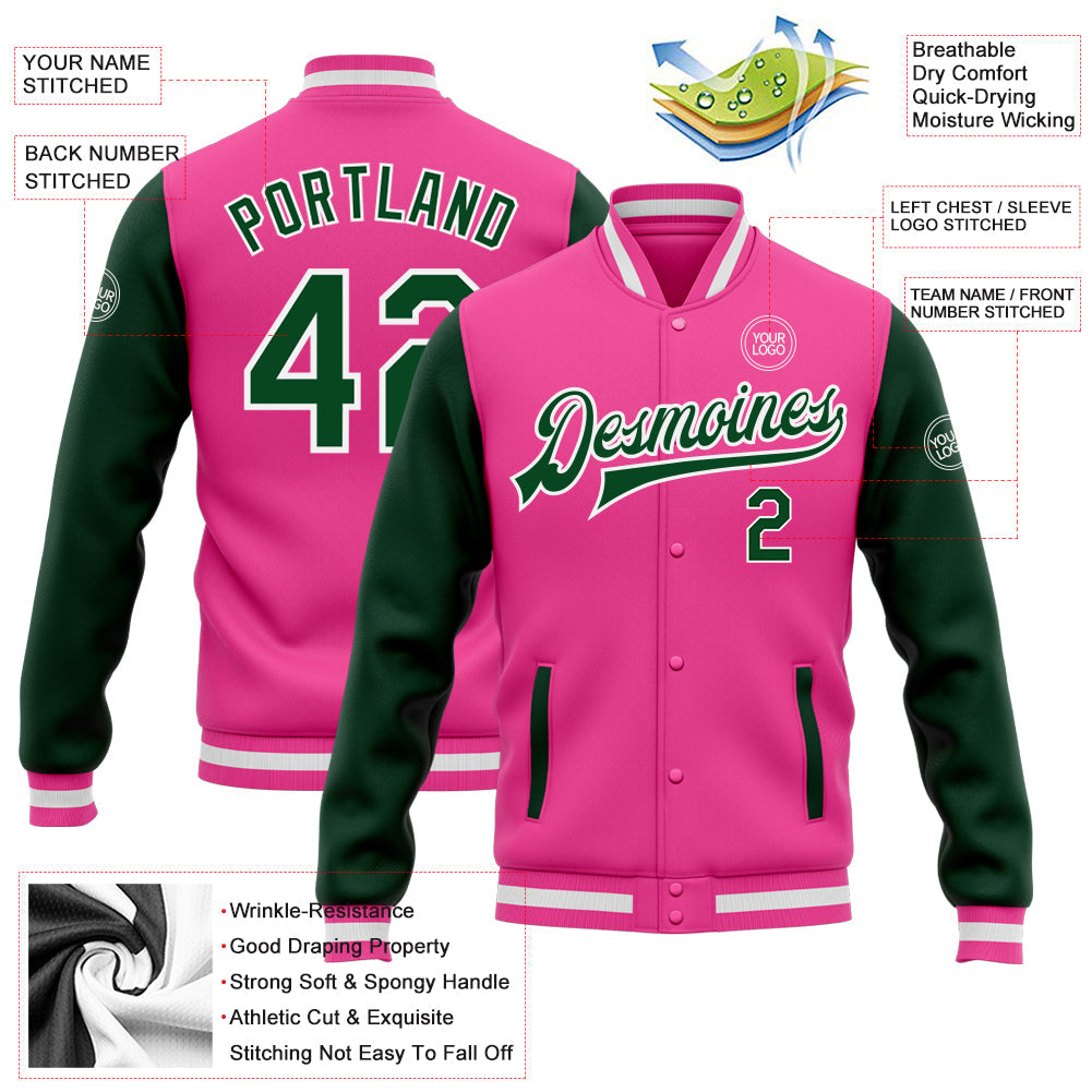 Custom Pink Green-White Bomber Full-Snap Varsity Letterman Two Tone Jacket view 5