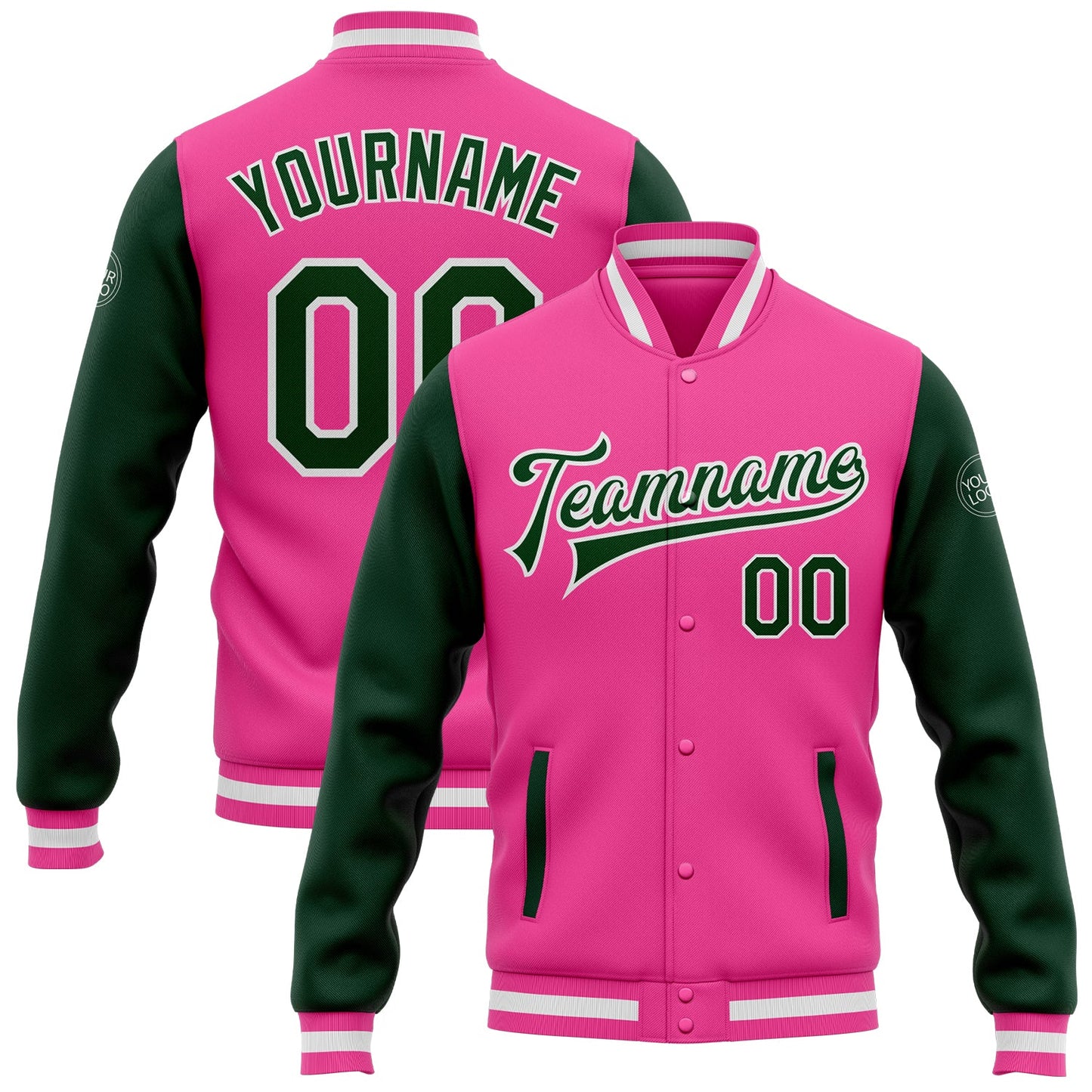 Custom Pink Green-White Bomber Full-Snap Varsity Letterman Two Tone Jacket - Main View
