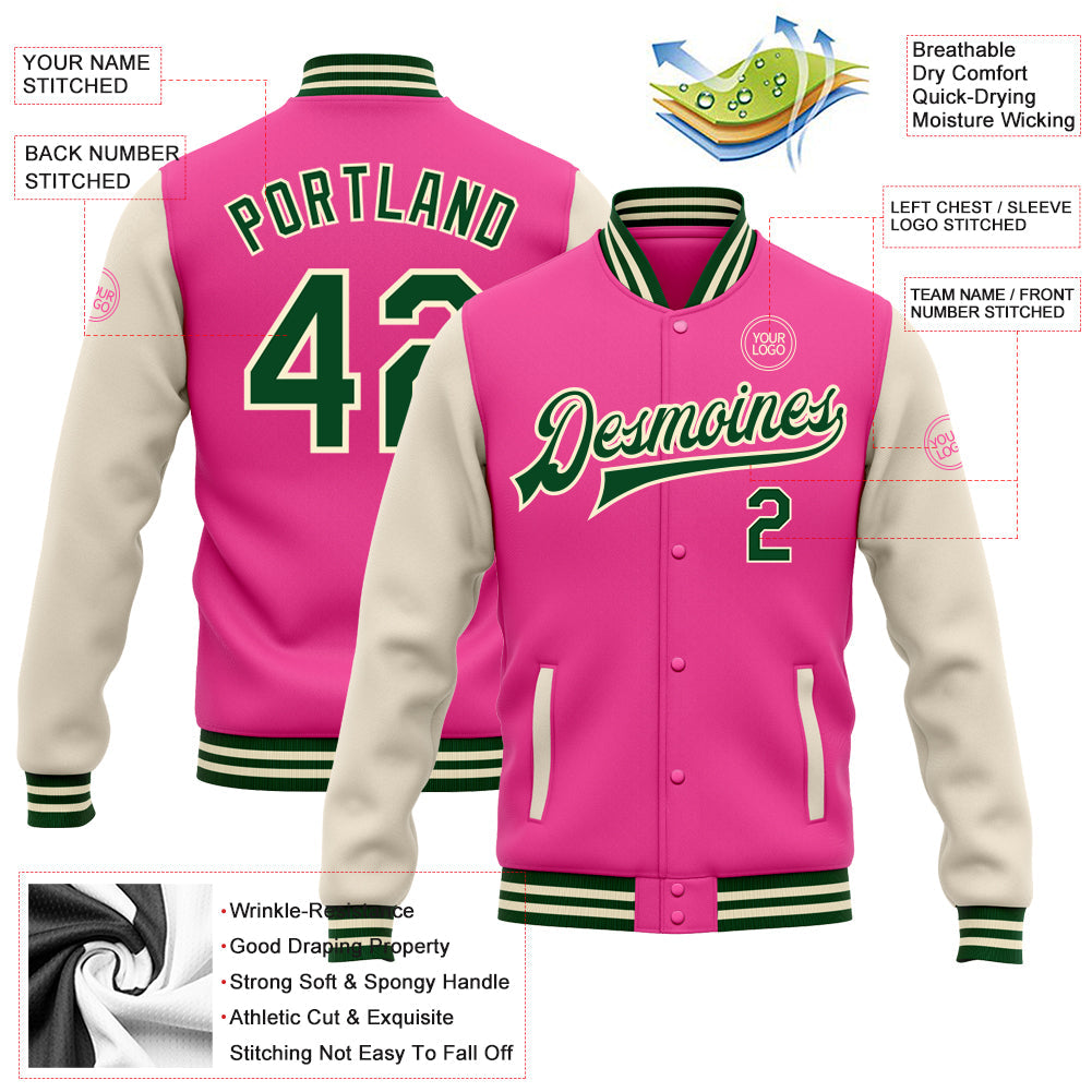 Custom Pink Green-Cream Bomber Full-Snap Varsity Letterman Two Tone Jacket view 5