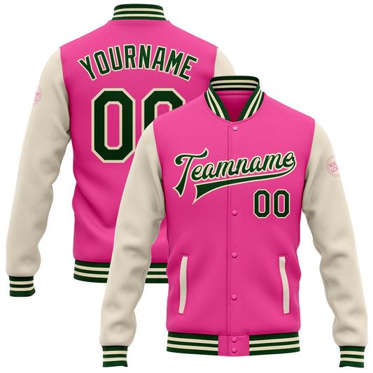 Custom Pink Green-Cream Bomber Full-Snap Varsity Letterman Two Tone Jacket - Main View