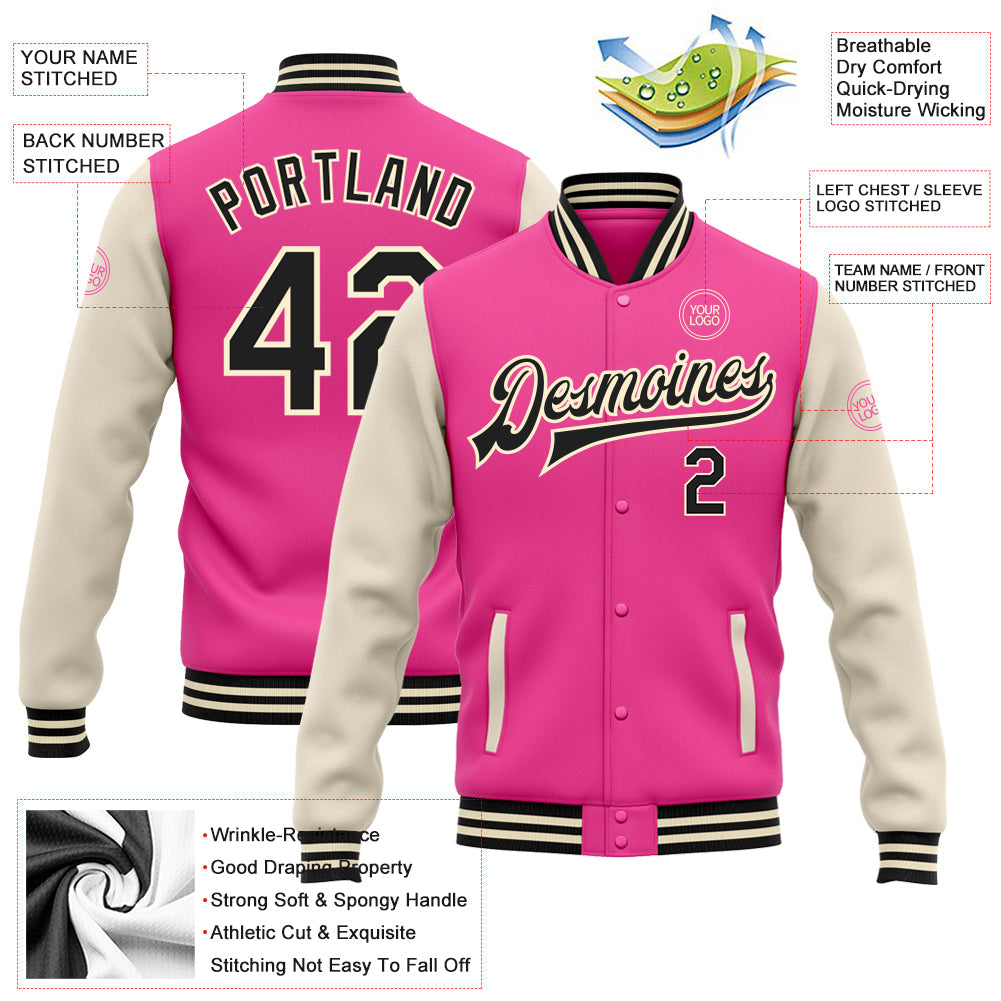 Custom Pink Black-Cream Bomber Full-Snap Varsity Letterman Two Tone Jacket view 5