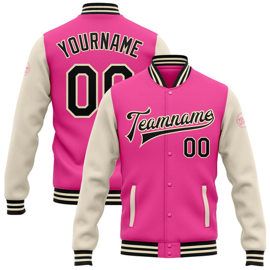 Custom Pink Black-Cream Bomber Full-Snap Varsity Letterman Two Tone Jacket - Main View