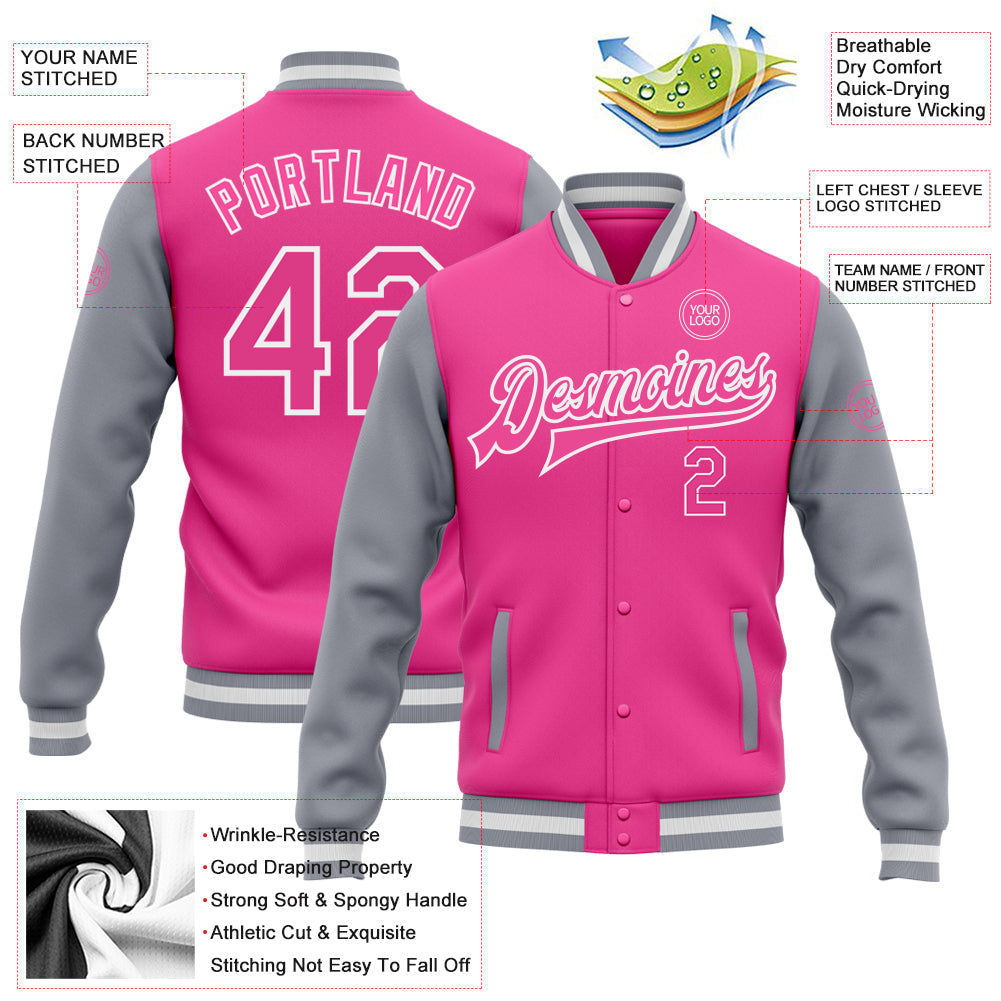 Custom Pink Pink Gray-White Bomber Full-Snap Varsity Letterman Two Tone Jacket view 5