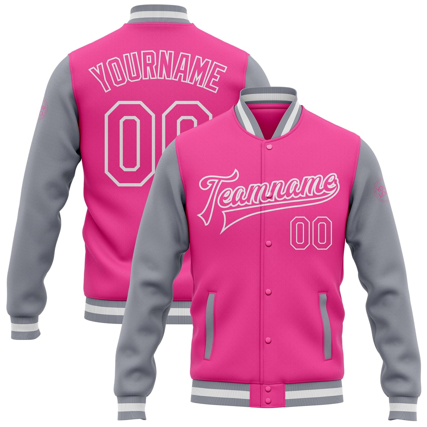Custom Pink Pink Gray-White Bomber Full-Snap Varsity Letterman Two Tone Jacket - Main View