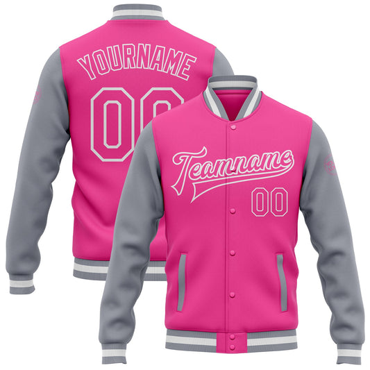 Custom Pink Pink Gray-White Bomber Full-Snap Varsity Letterman Two Tone Jacket - Main View