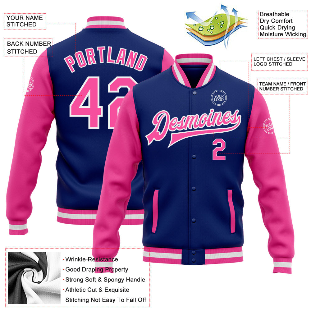 Custom Royal Pink-White Bomber Full-Snap Varsity Letterman Two Tone Jacket view 5