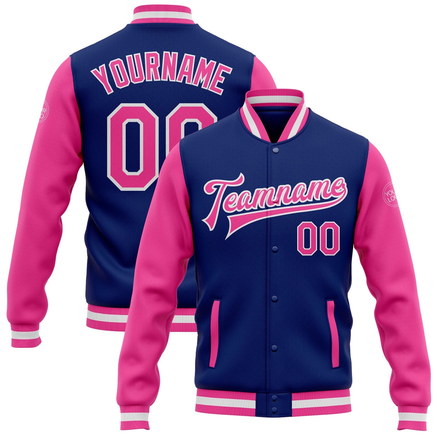 Custom Royal Pink-White Bomber Full-Snap Varsity Letterman Two Tone Jacket - Main View