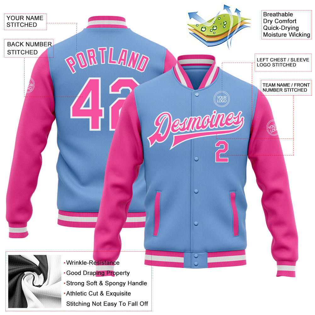 Custom Light Blue Pink-White Bomber Full-Snap Varsity Letterman Two Tone Jacket view 5