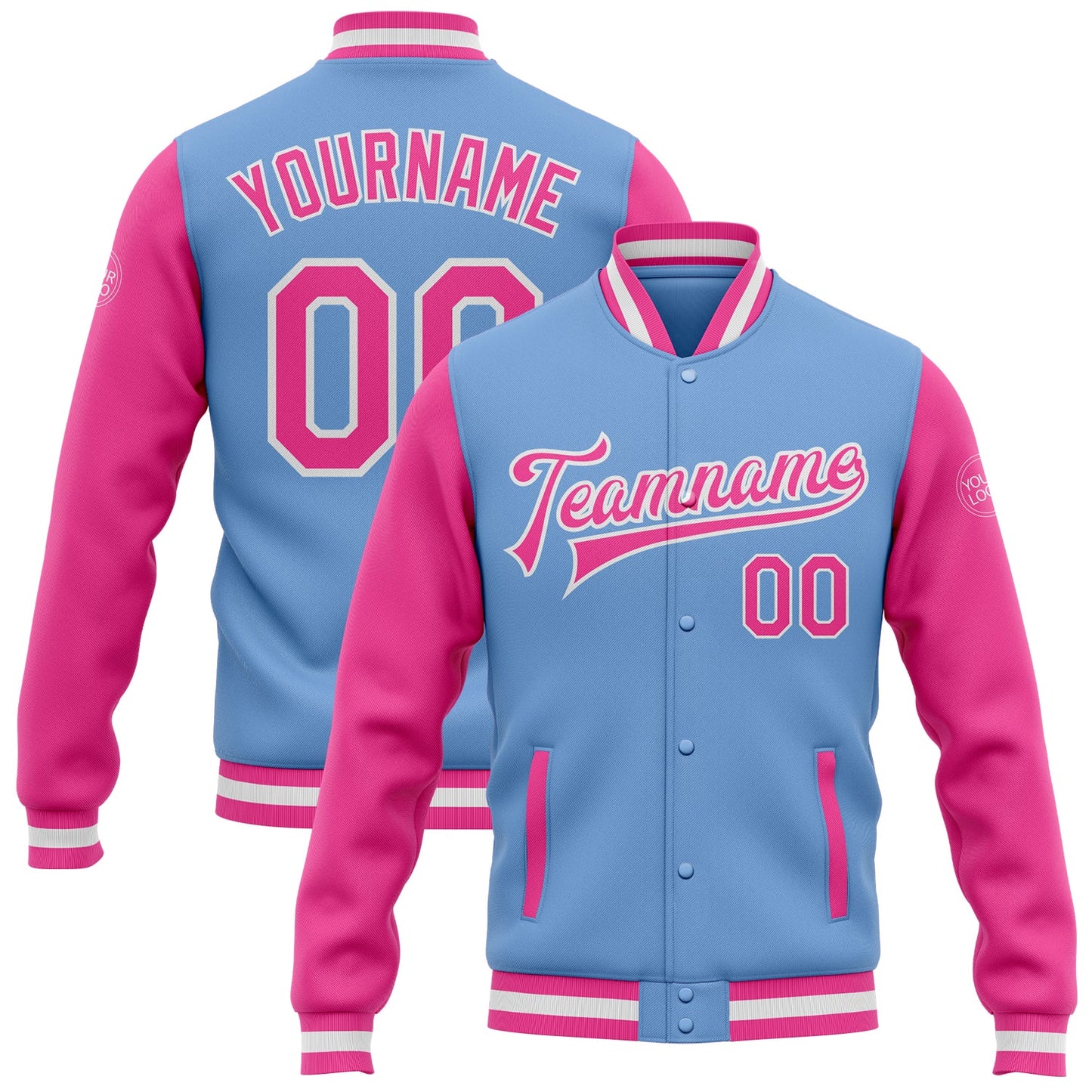Custom Light Blue Pink-White Bomber Full-Snap Varsity Letterman Two Tone Jacket - Main View